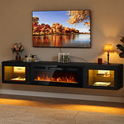 80'' Floating Fireplace Tv Stand With 36" Electric Fireplace, Led Light Entertainment Center With Storage, Wall Mounted Media Tv Console With Glass Door For Living Room