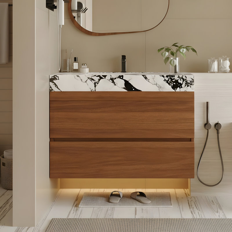 Meuble-lavabo de salle de bain avec comptoir en faux marbre et lavabo encastré en céramique, Blanc/Noir