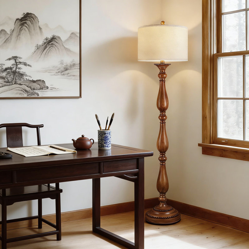 Vintage Farmhouse Floor Lamp With Linen Shade - Rustic Standing Lamp For Living Room, Bedroom, Or Corner With Rotary Switch And Wood Grain Resin Base