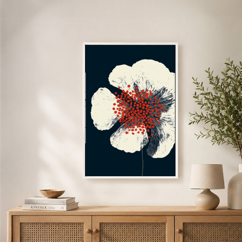 «White Flower Red Center Black Speckles», art mural sur toile avec cadre flottant, prêt à être accroché, 20 x 30 po, Brun