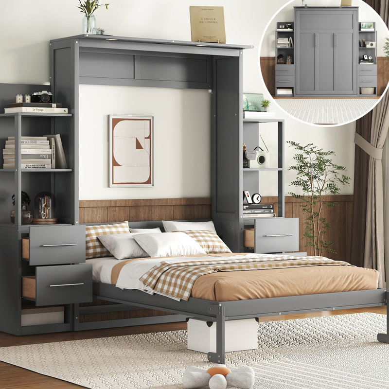 Full Size Bed In Gray With Drawer Storage And Style - Space Saving For Small Apartments Led Lights Multi Rooms Homes, Gray