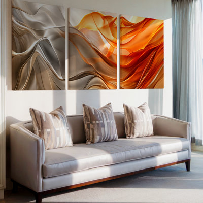 Ensemble exclusif de 3 toiles abstraites grand format, aux tons ivoire, cuivre et orange, représentant des motifs fluides. Décoration murale luxueuse et moderne pour le salon, la chambre, le bureau et la maison.