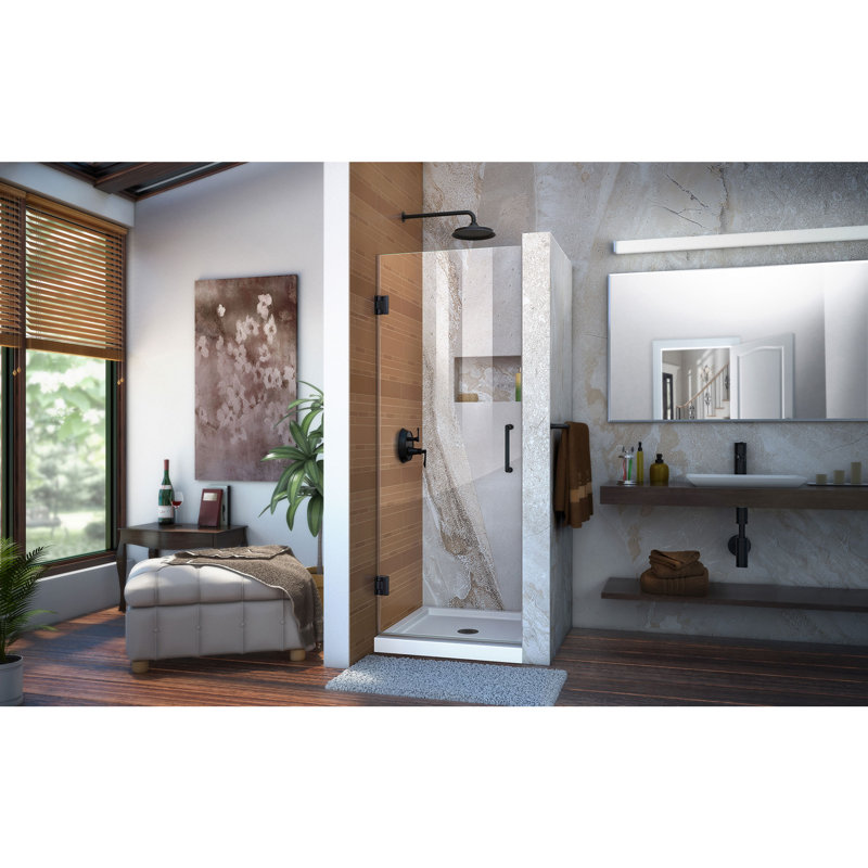 Unidoor 23" W x 72" H Hinged Frameless Shower Door, Clear Glass, Matte Black