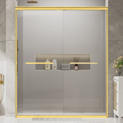 56-60" W X 72 "h Semi-frameless Double Sliding Shower Door With 1/4"（6mm) Clear Tempered Glass with Explosion-Proof Film, Aluminum Frame,gold