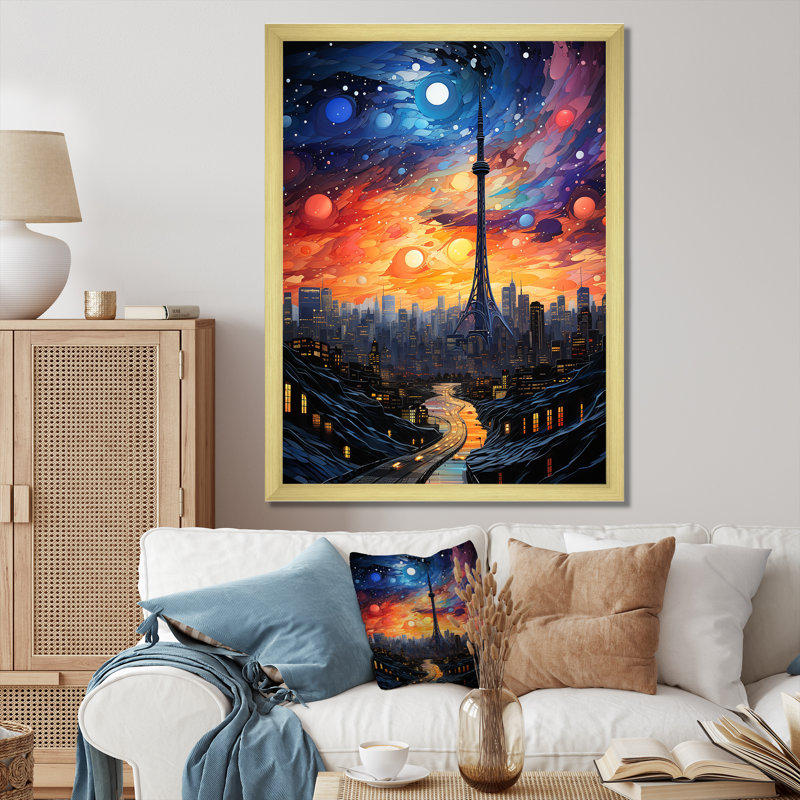 Bleu, orange, science-fiction, Odyssée galactique - impressions sur toile, H 32 po x l 24 po x P 1 po, Cadre photo doré