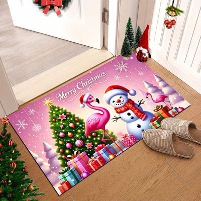 Tapis de porte de Noël antidérapant pour l'intérieur et l'extérieur, 40 x 60 cm, motif flamant rose et bonhomme de neige