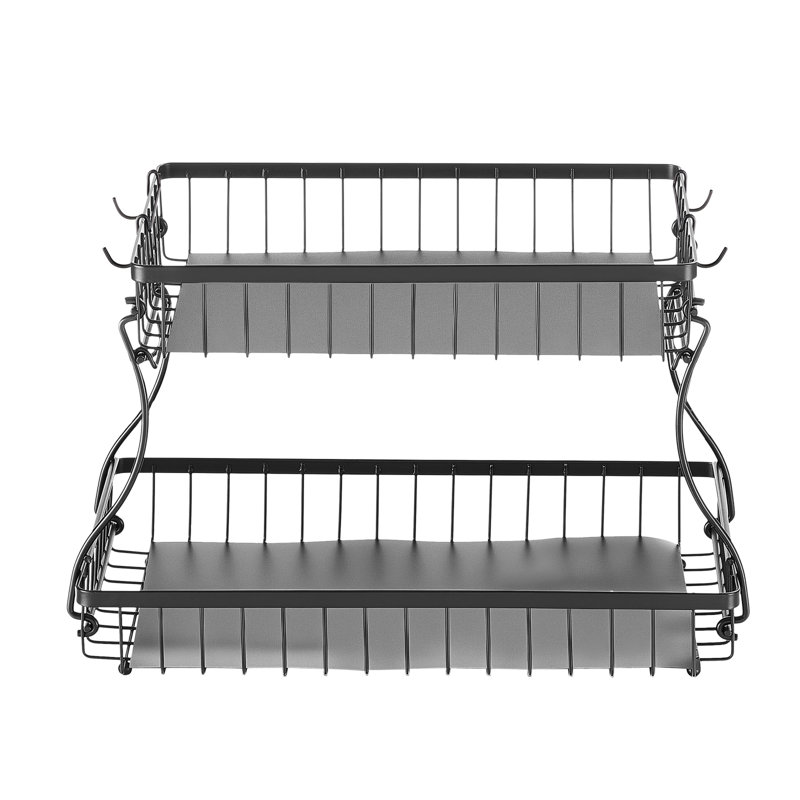 Support pour panier de fruits à 2 niveaux pour comptoir de cuisine, rangement double couche, cintre de banane, assemblage amovible, filet de fer rouille, base antidérapante, bol noir mat sur le comptoir, design, pieds,