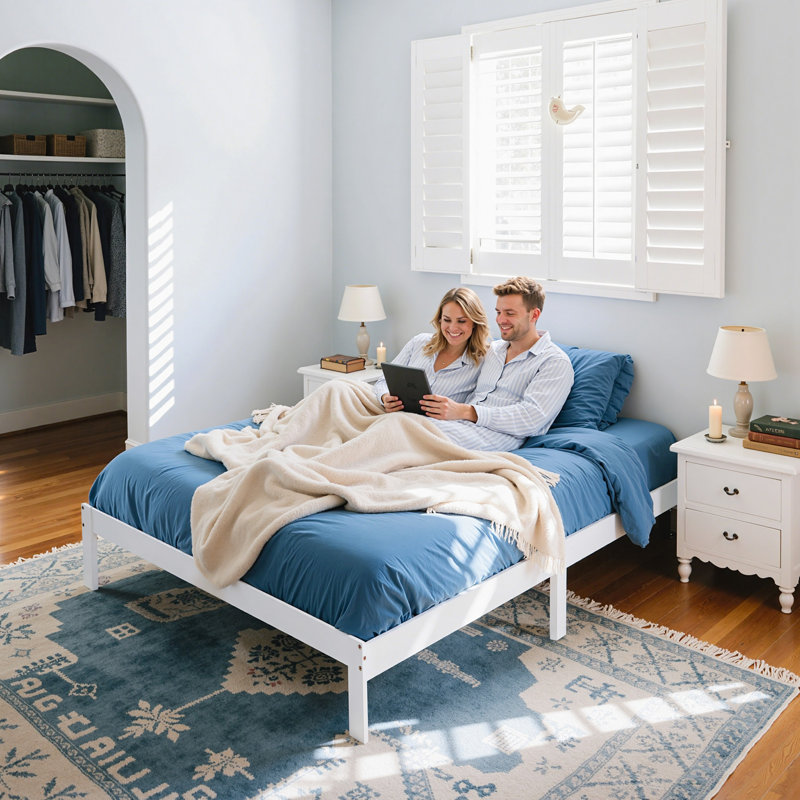 Structure de lit plateforme en bois massif de 12 pouces, structure de lit en bois sans sommier, Blanc, Grand lit