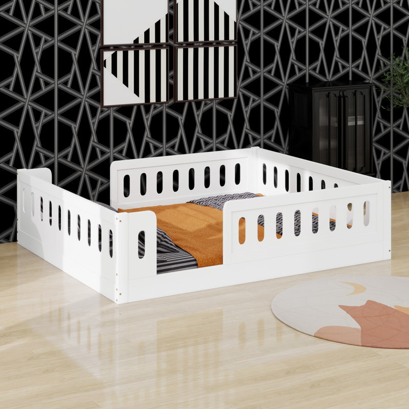 Lit plateforme en bois avec barrière de sécurité, Blanc