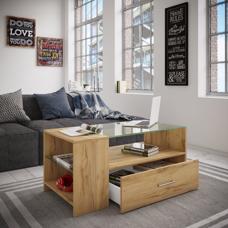 Comaneci Coffee Table with Storage, Oak Wood
