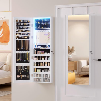 LED Jewelry Mirror Cabinet – White – Wall/Door-Mounted Jewelry Armoire With Full-Length Mirror, Large Storage Hanging Cabinet With 4 Drawers And 5 Shelves