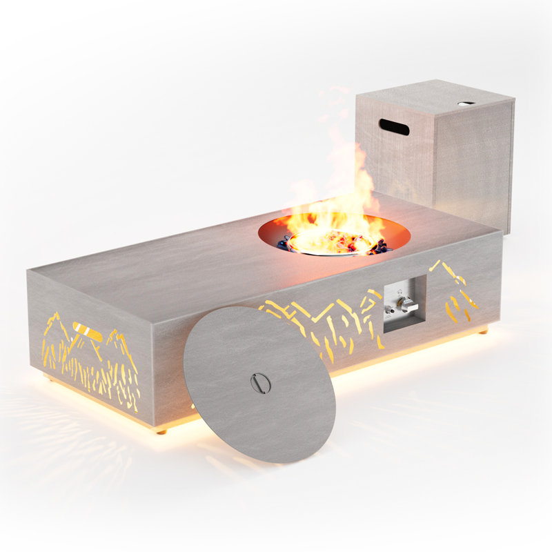 Table de foyer au gaz propane 48 "de 50 000 BTU avec motifs de montagnes enneigées avec lumière dorée et table de rangement pour réservoir