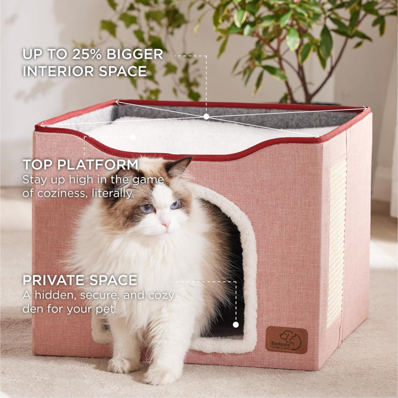 Lits pour chats pour chat - Grande grotte pour chat pour chat avec suspension de peluche et coussin à gratter, cachette pliable pour chat, 16,5 x 16,5 x 13 pouces, rose