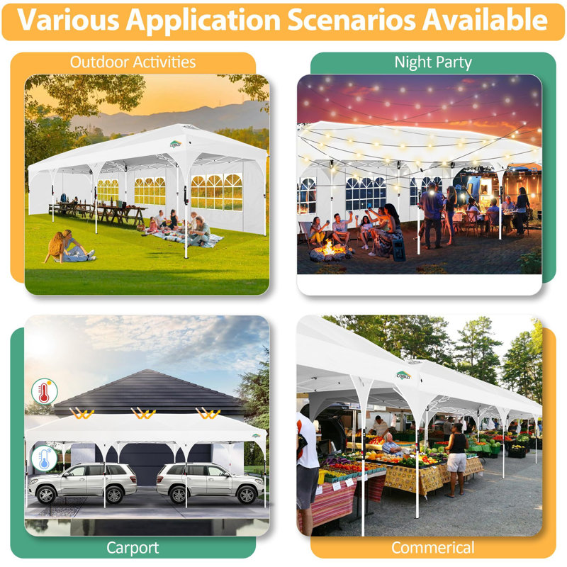 10x30 Pop Up Canopy Tent for Parties with 5 Sidewalls| Push Center Lock & Air Vent| Waterproof & UPF50+ |Gazebo Outdoor Tent for Party,Wedding,BBQ with 4 Sandbags, 8 Stakes & 16 Ropes