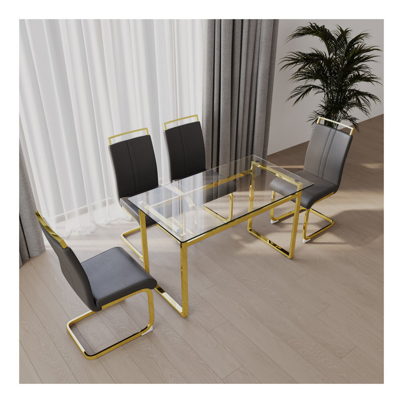 Ensemble de table de salle à manger de 51 pouces en verre pour 4 personnes, ensemble de table de salle à manger et chaises avec pieds plaqués pour la cuisine, plateau de table rectangulaire moderne en verre trempé et chaise de salle à manger en polyu