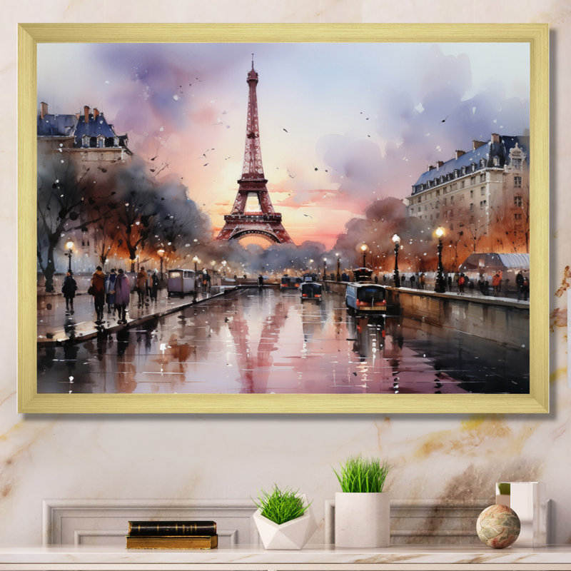 «Pink Twilight Rendezvous In Paris III» - Art mural, parcs d'attractions, H 34 po x l 44 po x P 1,5 po, Cadre doré simple