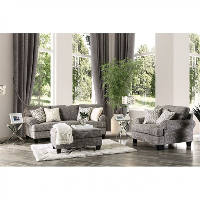 Repose-pieds rembourré Anddy, Polyester gris tissé en toile de jute