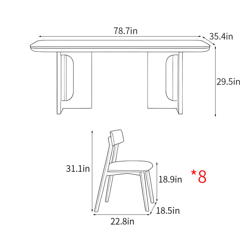 Casual simple rectangular dining table set, 29.5"H x 78.7"L x 35.4"W