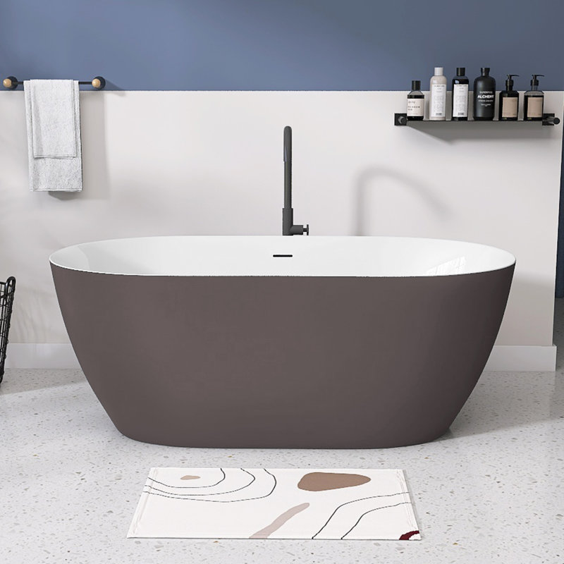 59'' x 30'' Freestanding Contemporary Soaking Acrylic Bathtub with Overflow and Drain, Matte Gray