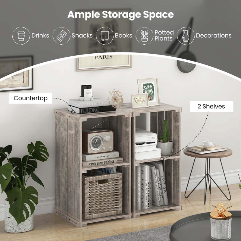  1 Pcs 2-cube Storage Shelf Slatted Paulownia Wood Cubic Organizer With Open Back, Brown