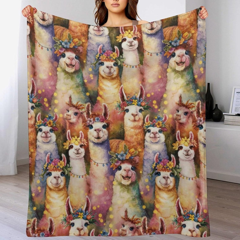 Couverture Alpaga Lama Colorée avec Couronne de Fleurs, 76 x 102 cm, 7.87" L x 9.84" W