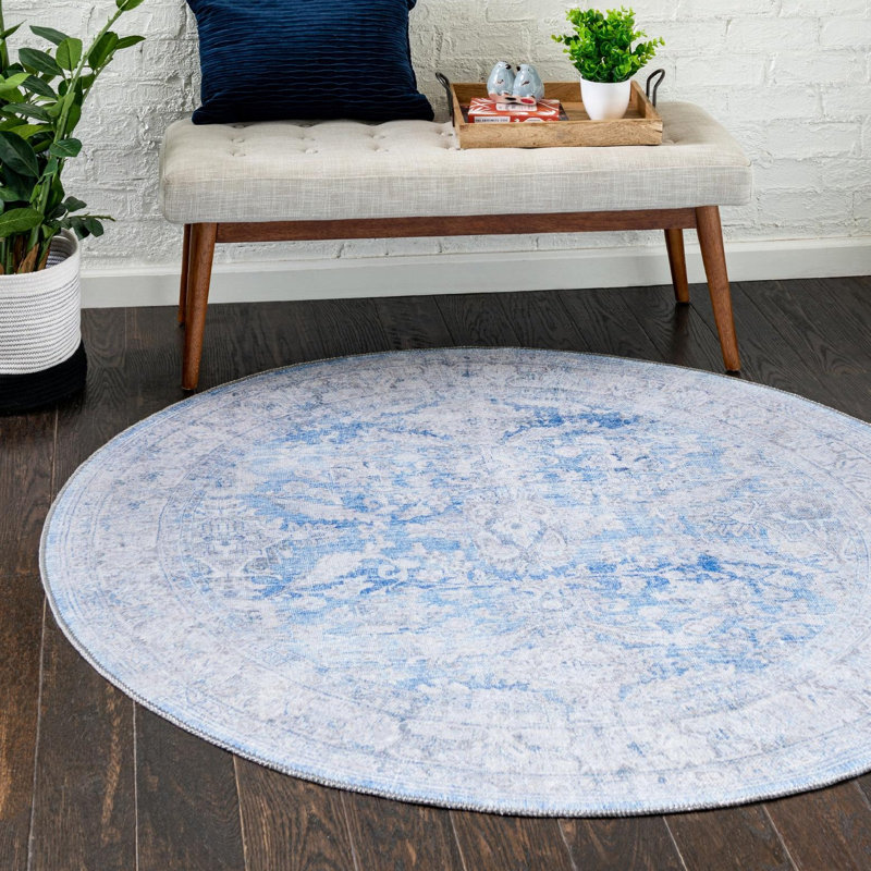 Tapis oriental bleu Layne, Rond 7 pi 7 po