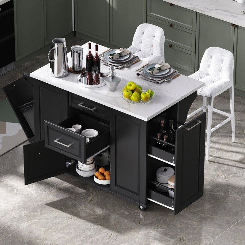 Îlot de cuisine 50,7 po avec rangement pour bac à ordures inclinable et organisateur d'armoire escamotable, îlot de cuisine roulant sur 5 roulettes avec abattant, 2 tiroirs, 1 porte