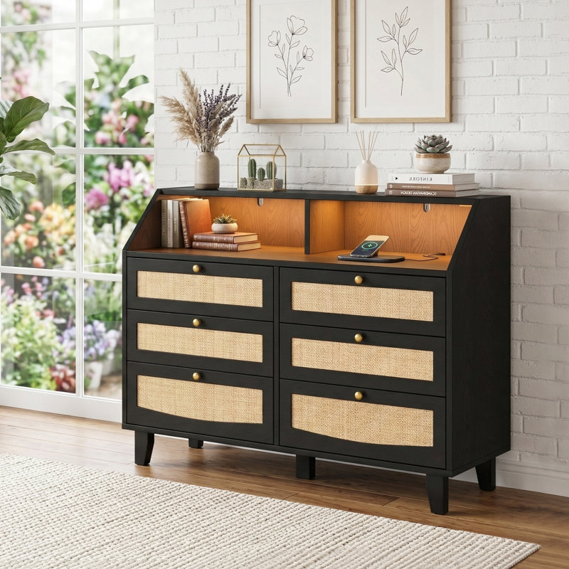  47.2'' Wide 6 - Drawer Dresser Rattan Bedroom Dresser Wood Dresser, Black