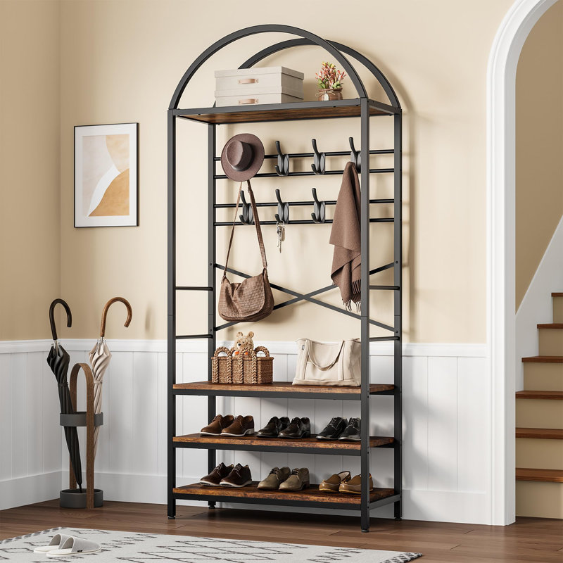 Freestanding Entryway Coat Rack with Hooks & Multi-Tier Storage Shelves