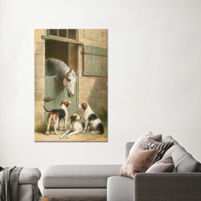 Élégante œuvre d'art imprimée sur toile: Chevaux et chiens majestueux, toile tendue 1P