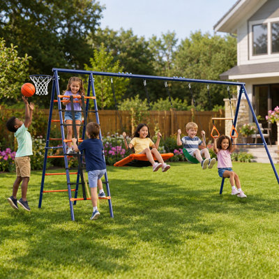 6-in-1 Heavy Duty Metal Swing Set for Backyard, Outdoor Playset with Saucer Swing, Climbing Net, Trapeze Bar and Basketball Hoop