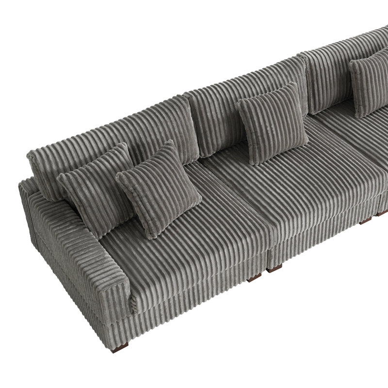 4 - Piece Upholstered Faux Rabbit Fur Flannel Modular Sectional Sofa with Armrests & Throw Pillows, Light Grey