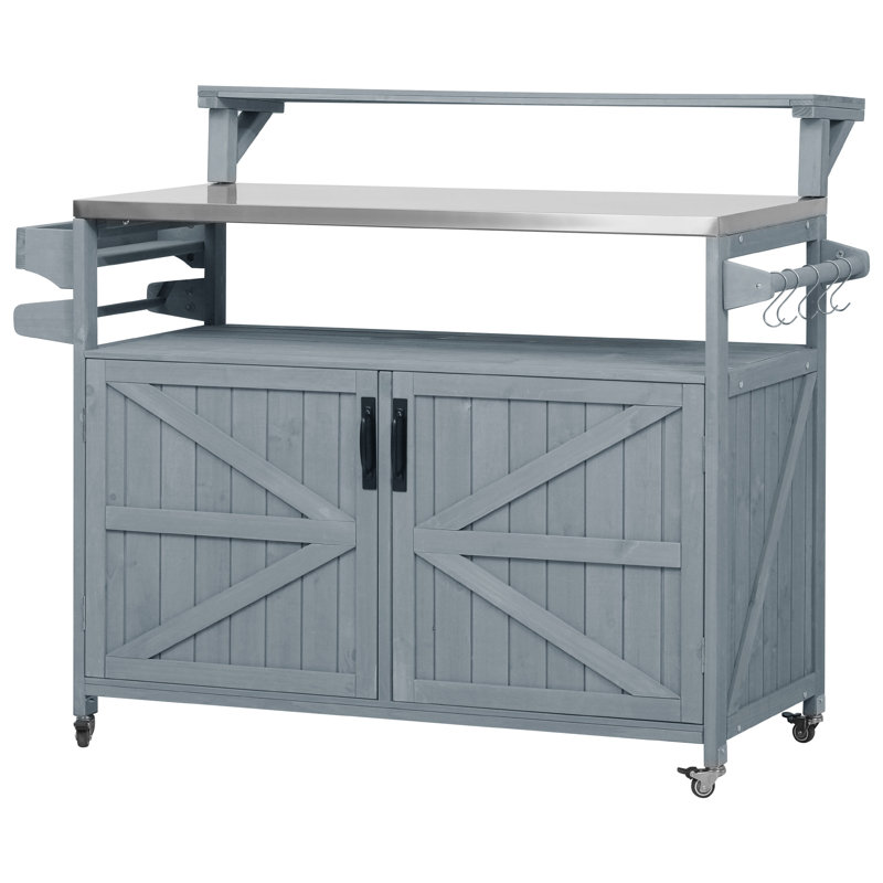 Îlot de cuisine extérieur avec plateau en acier inoxydable, armoire de rangement en bois massif, chariot à roulettes avec tablettes réglables et support à épices, bleu gris