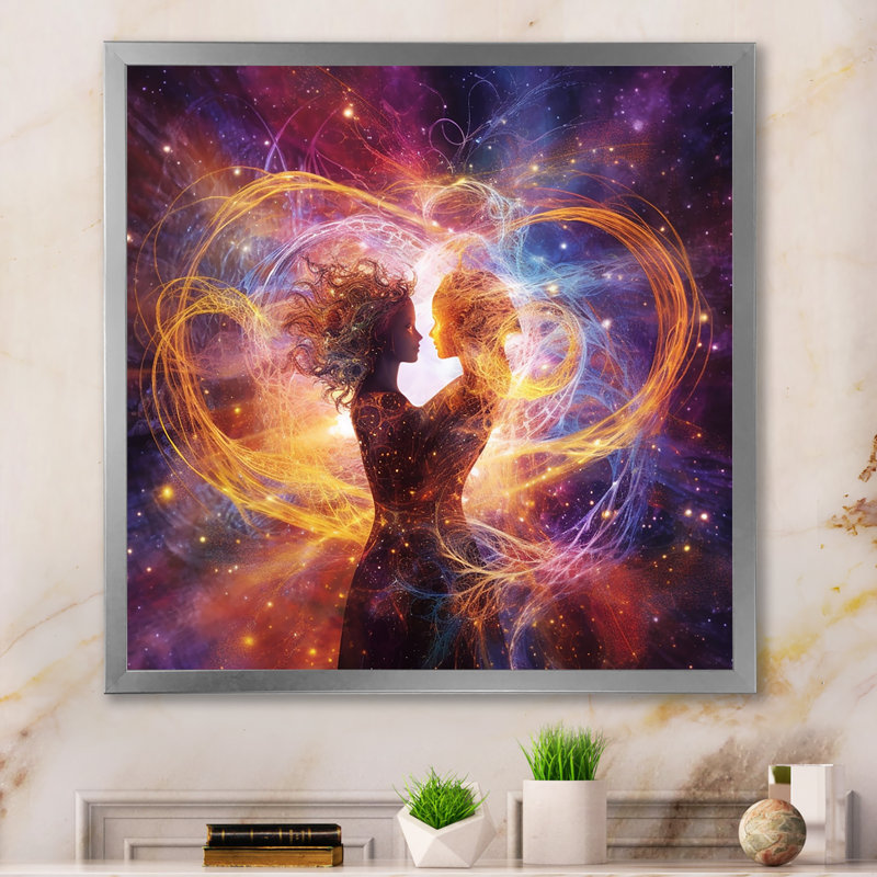 «Twin Flame Bliss L tending connexion» sur toile, H 24 po x l 24 po x P 1 po, Cadre simple argenté