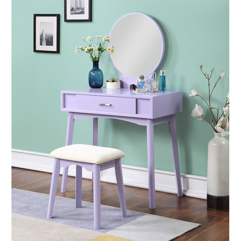 Ensemble coiffeuse et tabouret contemporain en bois Maly, Mauve
