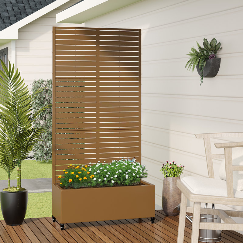 Outdoor Metal Rectangular Individual Planter Box with Trellis for Climbing Plants, 72" H x 35" W x 16" D, Brown