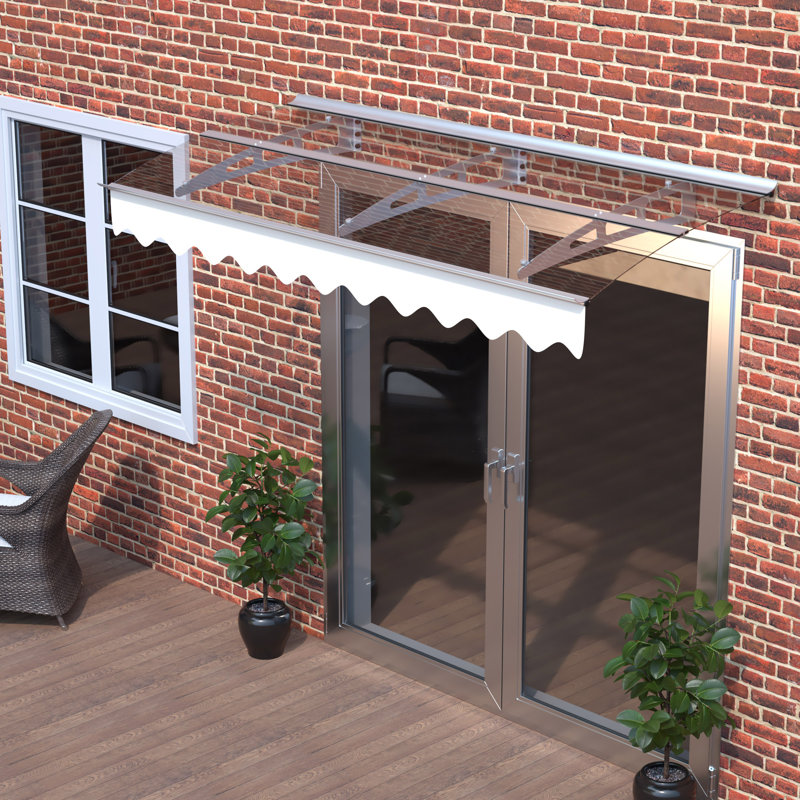 Door Window Awning Canopy Made Of 0.137Inch Thick Crystal Solid Polycarbonate Sheet And Aluminum Alloy With Valance In Size Of 79" Wide X 34" Deep For Masonry Concrete Wall House Only.