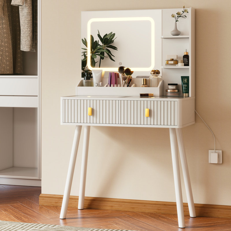 White Fluted Vanity Desk With Mirror Led Lights Makeup Desk With 2 Drawers Storage Shelves Dressing Table, White