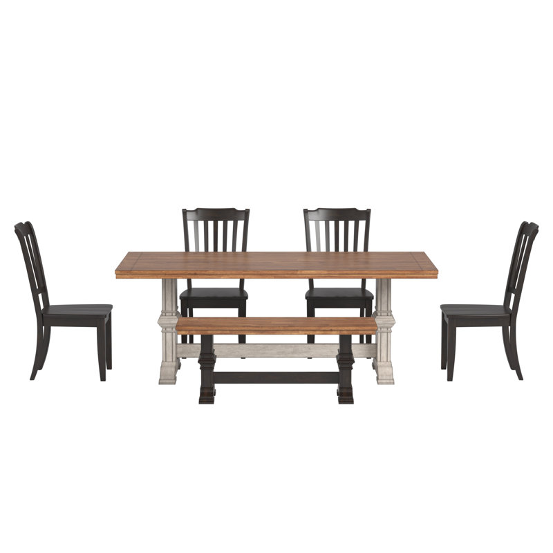 Ensemble de salle à manger Marcotte 78 po en bois massif fini chêne avec chaises à dossier à fuseaux - 6 pièces, table à piètement blanc antique, chaises à piètement noir antique et banc