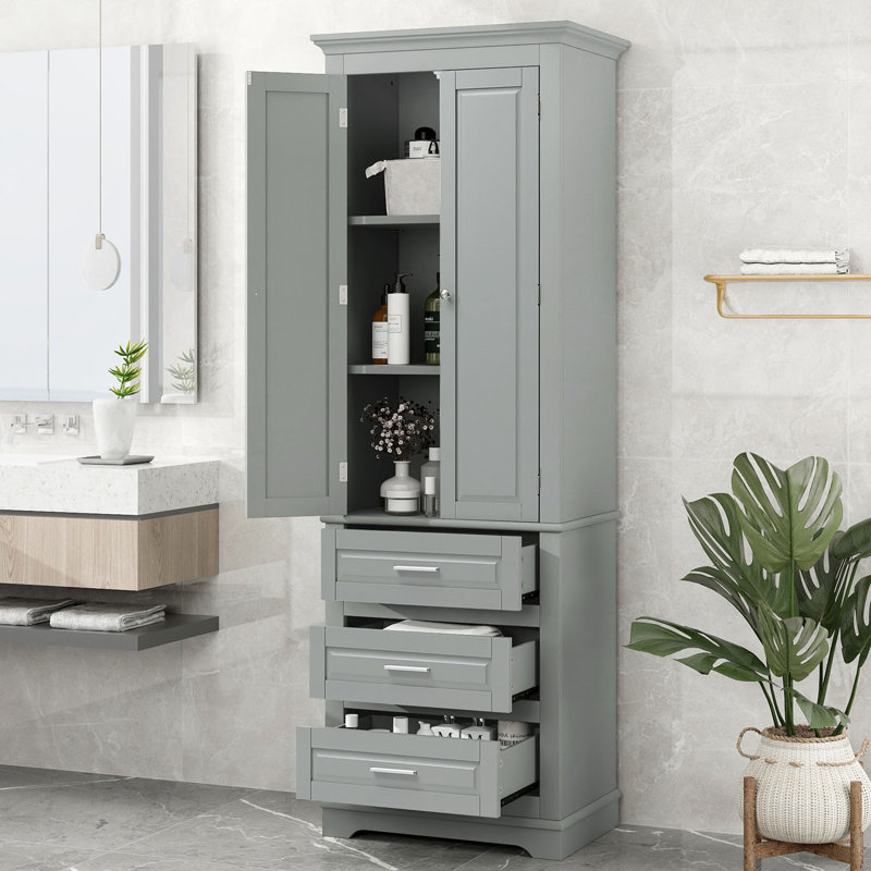 Tall Storage Cabinet with 3 Drawers - Adjustable Shelves, Water-Resistant MDF, Anti-Tipping Kit for Bathroom, Office & Kitchen Organization