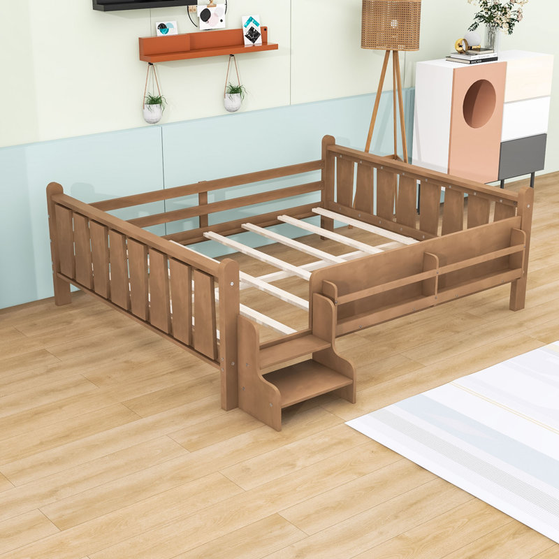 Queen Wood Floor Bed with Storage Bookcases, Natural