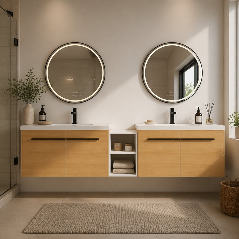 Meuble-lavabo mural 84 po avec lavabo de comptoir en résine et 1 tablette de rangement, 4 portes à fermeture douce (KD-Packing)