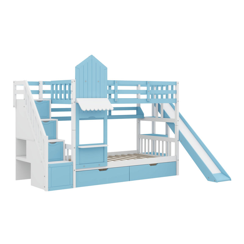 Lit superposé double de style château avec 2 tiroirs et 3 glissières, Bleu
