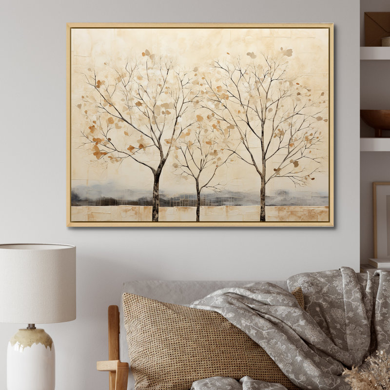 Harmonisation d'arbres beige V sur toile, H 16 po x l 32 po x P 1 po, Cadre naturel flottant