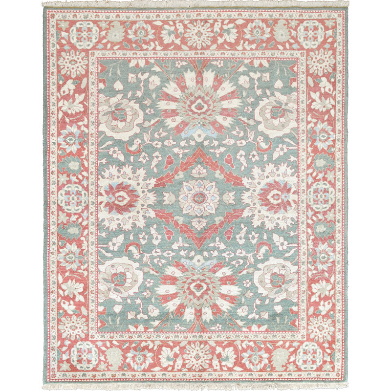 Tapis rouge / bleu sarcelle en laine noué à la main Agra