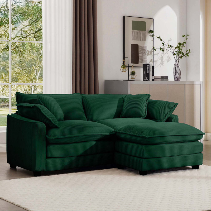 Canapé 2 places en forme de L avec repose-pieds et repose-pieds Corduroy, Green