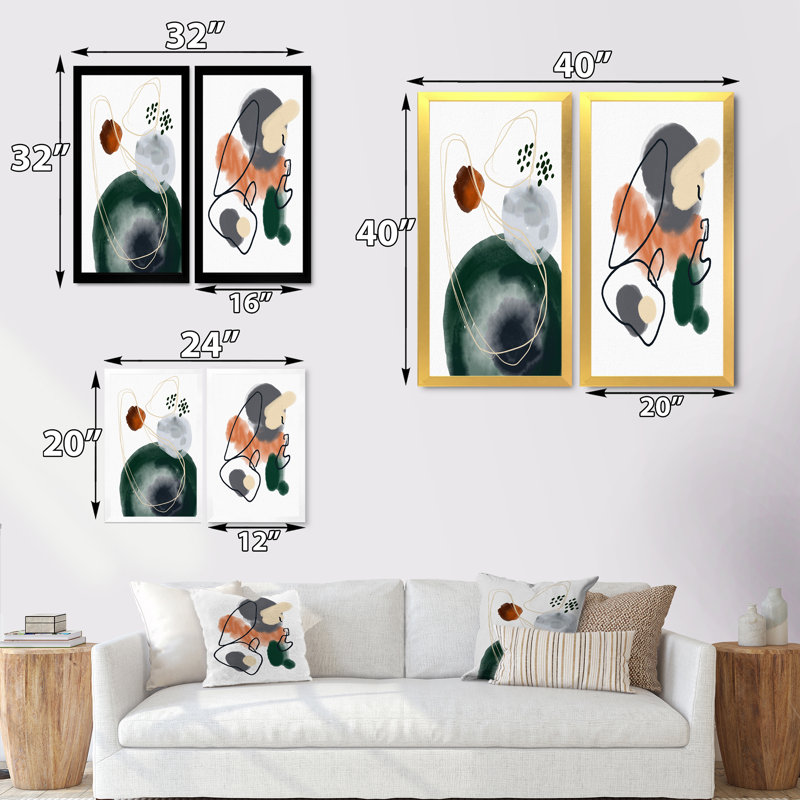 «Dark Green and Orange Abstract Composition», ensemble de 2 peintures sur toiles, H 32 po x l 32 po x P 1 po