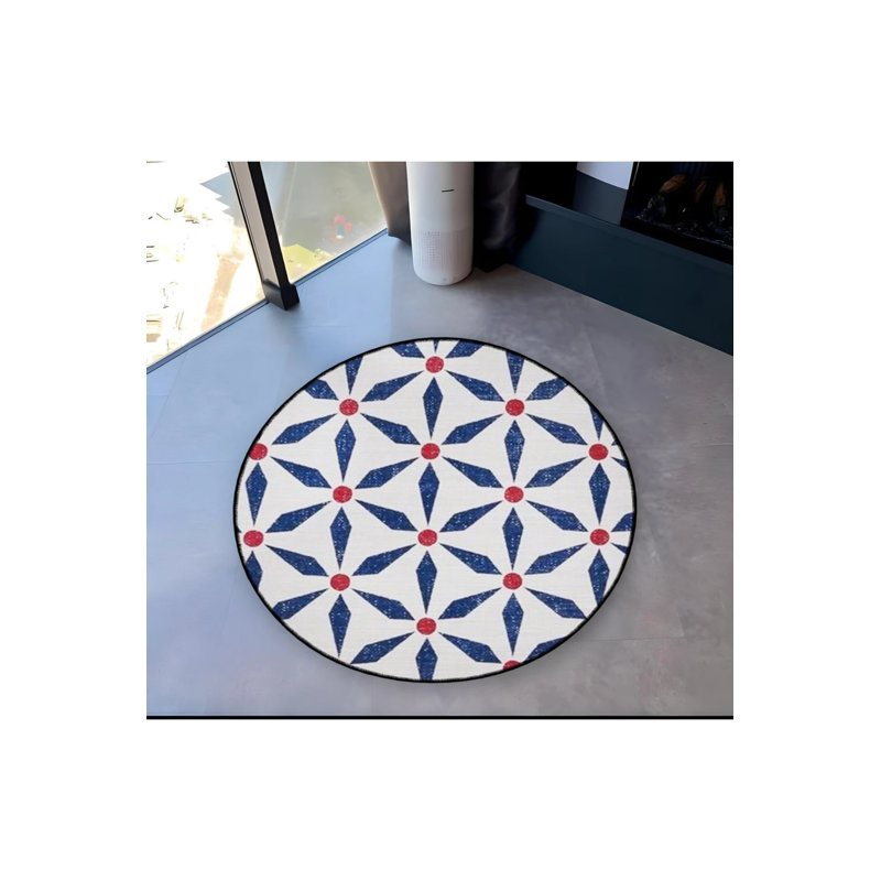 White Blue Geometric Patterned Round Woven Base Modern Decorative Carpet, Round 2'8"