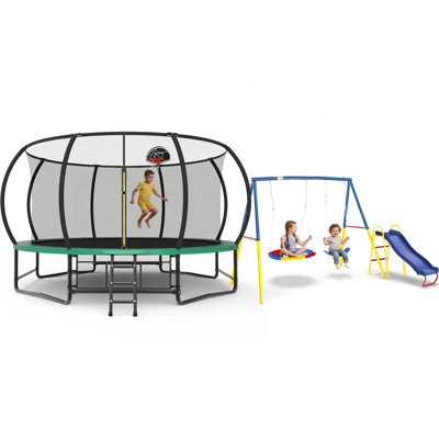 14FT ASTM Approved Trampoline & Metal Swing Slide Combo, 3 in 1 Outdoor Backyard Playset with Safety Enclosure Net, Basketball Hoop, 2 Swing Seats and