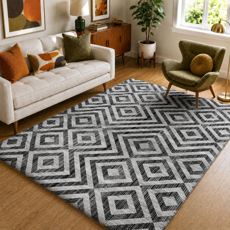 Tapis géométrique Dream Shag ADS733, lavable à la machine de qualité supérieure, Noir, 5' x 7'6"